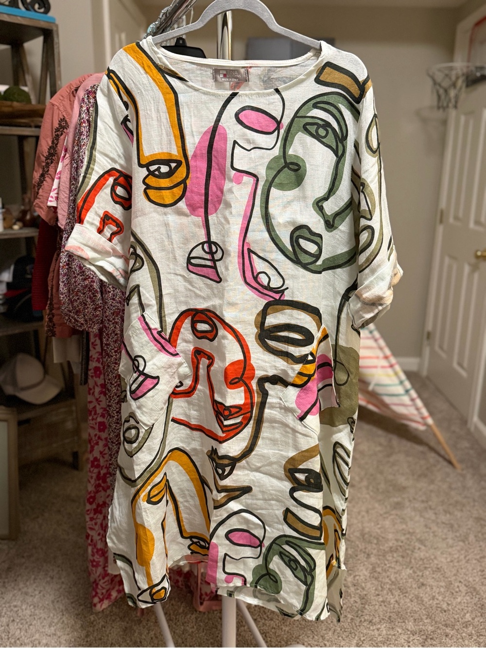 Abstract Face Print Midi Dress in White with Pink, Orange & Green